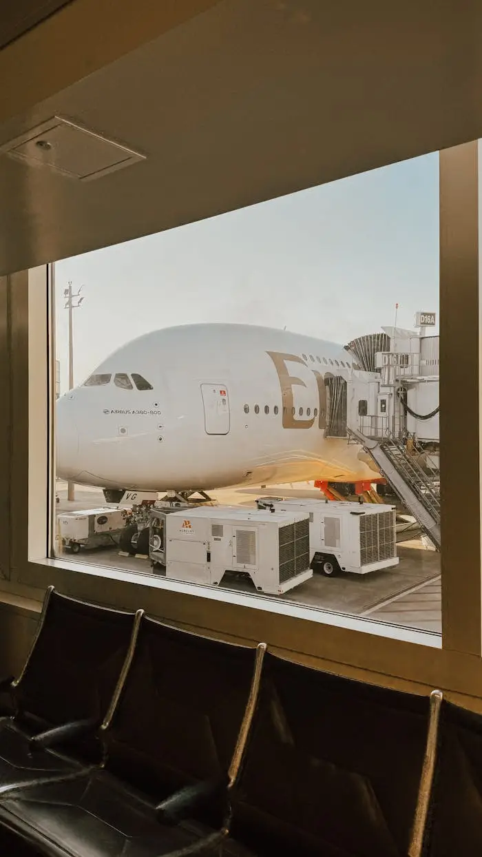 Services Emirates Airbus A380 boarding at Houston airport viewed from terminal window.